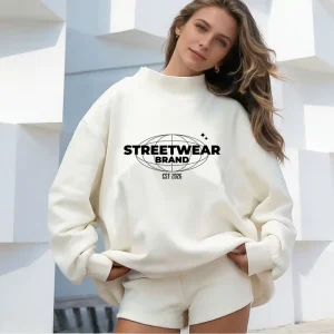 Women’s Premium Cotton Fleece Off Shoulder Mock Neck Sweatshirt, Streetwear Screen Print Custom Pullover Top
