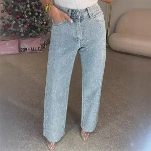 Women’s Premium European & American Rhinestone Washed High Waist Straight Leg Denim Pants