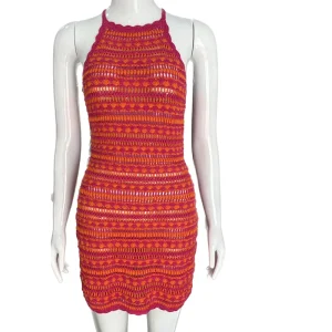 Women’s Premium Paisley Woven Acrylic Crochet Mini Dress Floral Pattern Summer Vacation Beachwear Hollow Sexy Cover up Pink