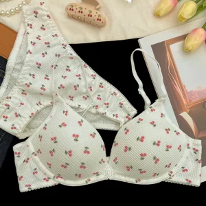 Women’s Print Triangle Bra and Panty 2 Piece Lingerie Set Cherry Cotton Front Buckle Underwear Set