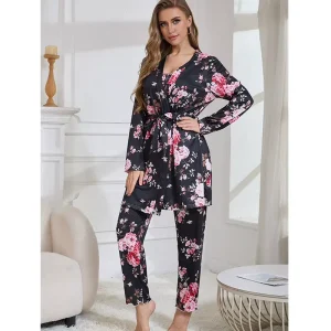 Women’s Printed Loungewear Three Piece Polyester Fiber Breathable Home Wear Set