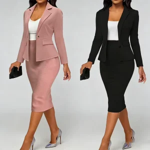 Women’s Professional Blazer Skirt Suit Set Long Sleeve Single Button Notched Lapel Jacket with Bodycon Pencil Skirt Two Piece