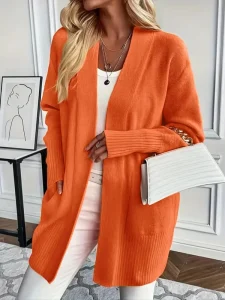 Women’s Pure Color Cardigan Mid length With Pockets Ribbed Daily Wear Knitted Sweater
