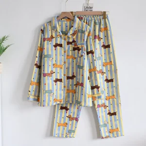 Women’s Pure Cotton Cardigan Sleepwear Soft Smooth Knitted Elastic Waist Home Pajamas Set Casual Style for Autumn