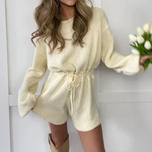 Women’s Pure Cotton Knit Romper with Long Sleeves Short Pants Casual Loose Fit Sweater for Spring or Autumn