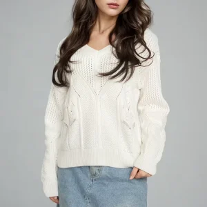 Women’s Pure Cotton V Neck Hollow Out Knit Pullover Sweater Casual Long Sleeve Knitwear