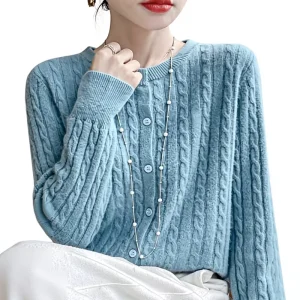 Women’s Pure Wool Crew Neck Sweater Autumn Winter Solid Color Long Sleeve Versatile Knit Cardigan Halter Lace