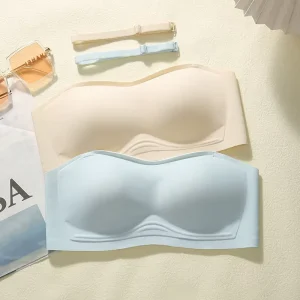 Women’s Push Up Strapless Bra Breathable and Anti Sliding Solid and Seamless with Adjustable Straps and Logo on Cup