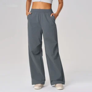 Women’s Quick Dry Breathable Straight Leg Casual Pants High Waist Drawstring Cuffs Two Way Wear Sports Long Pants