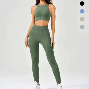 Women’s Quick Dry Gym Fitness Sports Suit High Waist Yoga Leggings with Crop Top and Straps Bra for Running Solid Pattern
