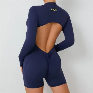 Women’s Quick Dry Gym Jumpsuit Long Sleeve Backless Bodysuit with Scrunch Butt Lift One Piece Sports Romper