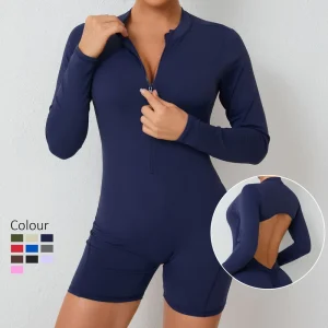 Women’s Quick Dry Seamless Spandex Nylon Gym Jumpsuit Long Sleeve Backless Bodysuit Scrunch Butt Lift One Piece Sports Rompers