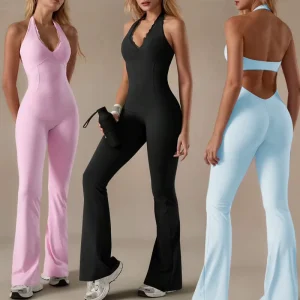 Women’s Quick Dry Yoga Jumpsuit Chest Pads Barely There Feel Hip Lifting Tummy Control Flared Pants For Seamless Bodysuit