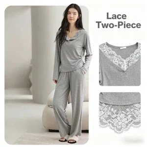 Women’s Rayon Lace Long Sleeved Pajamas with Chest Cushion Home Wear Sleepwear Two Piece Set for Summer