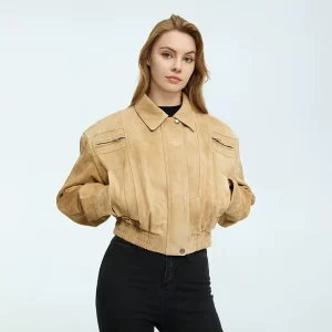 Women’s Real Suede Leather Blazer Jacket Casual Chic Cropped Sheepskin Spring Fall Outerwear