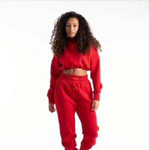 Women’s Red Cropped Hooded Sweatshirt with High-Waisted Joggers Set Fleece Solid Color Spring Wear Front Logo