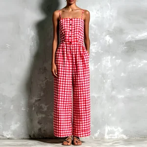Women’s Red Gingham Checkered High Waist Loose Fit Jumpsuit Spaghetti Strap Button Front Wide Leg Casual Summer Romper ODM