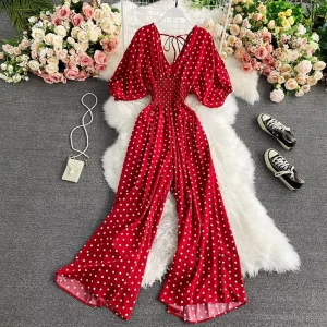 Women’s Red Polka Dot Puff Sleeve Jumpsuit with Smocked Waist & Back Tie for Vacation & Party Wear