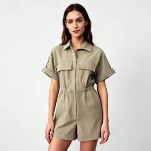 Women’s Regular-Fit Lightweight Satin Short-Sleeve Romper Casual Playsuit Collared Neck Chest Pockets Adjustable Drawstring