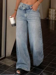Women’s Regular Vintage Washed Baggy Solid Straight High Waisted Wide Leg Denim Jeans Waterproof Washable