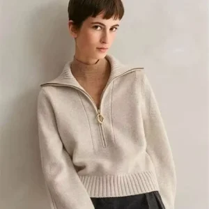 Women’s Relaxed Cashmere Half Zip Sweater Sailor Collar Fine Knitted Pullover Sweaters Ladies Knitwear Winter Top