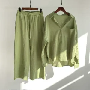 Women’s Retro 2-Piece Long Cotton Linen Casual Shirt Suit Breathable Loose Pants Plus Size Summer Daily Wear