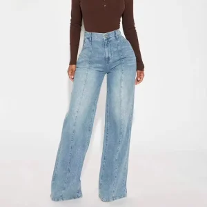 Women’s Retro Casual Streetwear High Stretch Denim Jeans Straight Leg Pants Pantalones Vaqueros