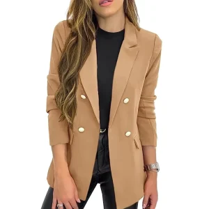 Women’s Retro Double Breasted Long Sleeve Blazers Breathable Formal Casual Outerwear Suit Blazer
