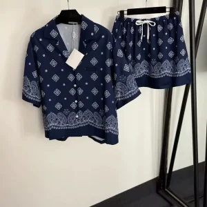 Women’s Retro Ethnic Style Print Short Sleeve Shirt and Drawstring Elastic Waist Short Skirt Set