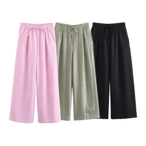 Women’s Retro High Elastic Drawstring Side Pockets Solid Color Trousers