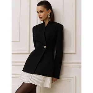 Women’s Retro Mid Length V Neck Blazer Color Blocking Suit Jacket for Spring Autumn Fitted Tailoring Short Hollow Design