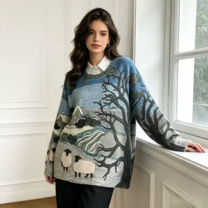Women’s Retro Rural Landscape Animal Scenery Print Knit Sweater Casual Crewneck Oversized Long Sleeve Soft Daily Match Jumper