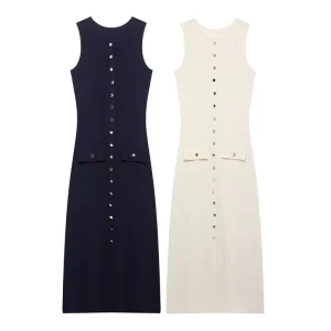 Women’s Retro Summer Dress Solid Pattern Long Skirt Neck Sleeveless Temperament Slim Front Button Knitted Style