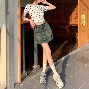 Women’s Retro Trendy Asymmetric High-Waisted Mini Skirt Soft Denim Fabric Straight Silhouette Sand Wash Casual Summer Wear