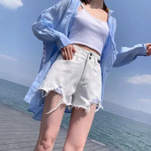 Women’s Retro Trendy Summer High Waisted Loose Ripped Denim Shorts Breathable Casual Straight Design Sand Washed Versatile