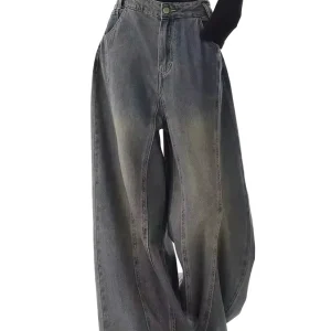 Women’s Retro Wash Water Wide Leg High Waist Baggy Jeans Solid Casual Style Denim Fabric