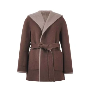 Women’s Reversible 10% Cashmere 10% Silk 80% Wool Coat Hooded Belted Oversized Pockets