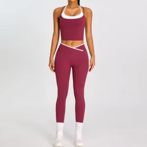 Women’s Reversible 2 Piece Cross Back High Waist Sports Set with Breathable Sweat Wicking Fabric for Workout Yoga Fitness