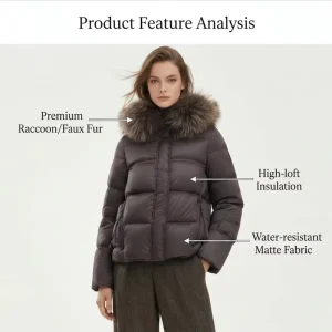 Women’s Reversible Winter Fashion Short Down Jacket with Waterproof Fur Collar