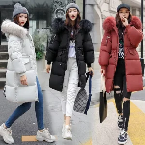 Women’s Reversible Winter Jacket Solid Color Thickened Warm Padded Coat with Faux Fur Windproof Long Bread Cotton Coats
