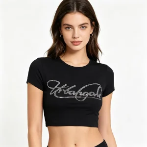 Women’s Rhinestone Embroidery Short Sleeve Crew Neck T Shirt Slim Fit Summer Casual Solid High Stretch Cotton Top
