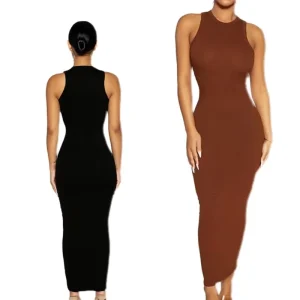 Women’s Ribbed Bodycon Dress Sleeveless Tank Dresses Slim Elegent Knitted Long Dress