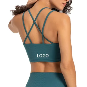 Women’s Ribbed Fitness Gym Clothing Strappy Sports Bra Crisscross Back Fixed Cup Running Bra