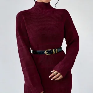 Women’s Ribbed Knit Turtleneck Dress Long Sleeve Slim Midi Bodycon Acrylic Wool Feel Winter Warm Stretchy Party Gown