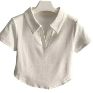 Women’s Ribbed Lapel T Shirt Custom Puff Screen Print Summer Crop Top Polo Shirt