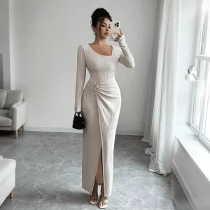 Women’s Ribbed Maxi Dress Elegant Long Sleeve Bodycon Gown with Side Slit and Knot Detail Irregular Collar