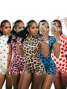 Women’s Ribbed Romper High Neck Short Sleeve Bodycon Jumpsuits with Leopard Heart & Strawberry Prints Sexy Backless Summer