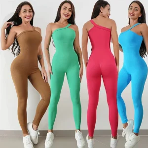 Women’s Ribbed Seamless Skinny Fit Sports Jumpsuit One Shoulder Yoga Romper Sleeveless Tummy Control Bodysuit Workout Leggings