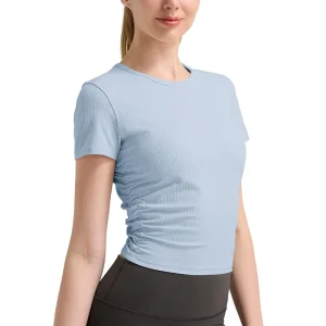 Women’s Ribbed Short Sleeve Crop Top Ruched Yoga Shirt Slim Fit Activewear T Shirt for Gym and Casual Wear