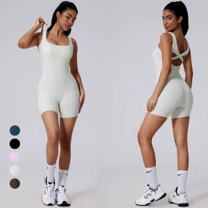 Women’s Ribbed Workout Shorts Jumpsuits Criss Cross Hollow Back One Piece Sports Unitard Sleeveless Butt Lifting Yoga Rompers